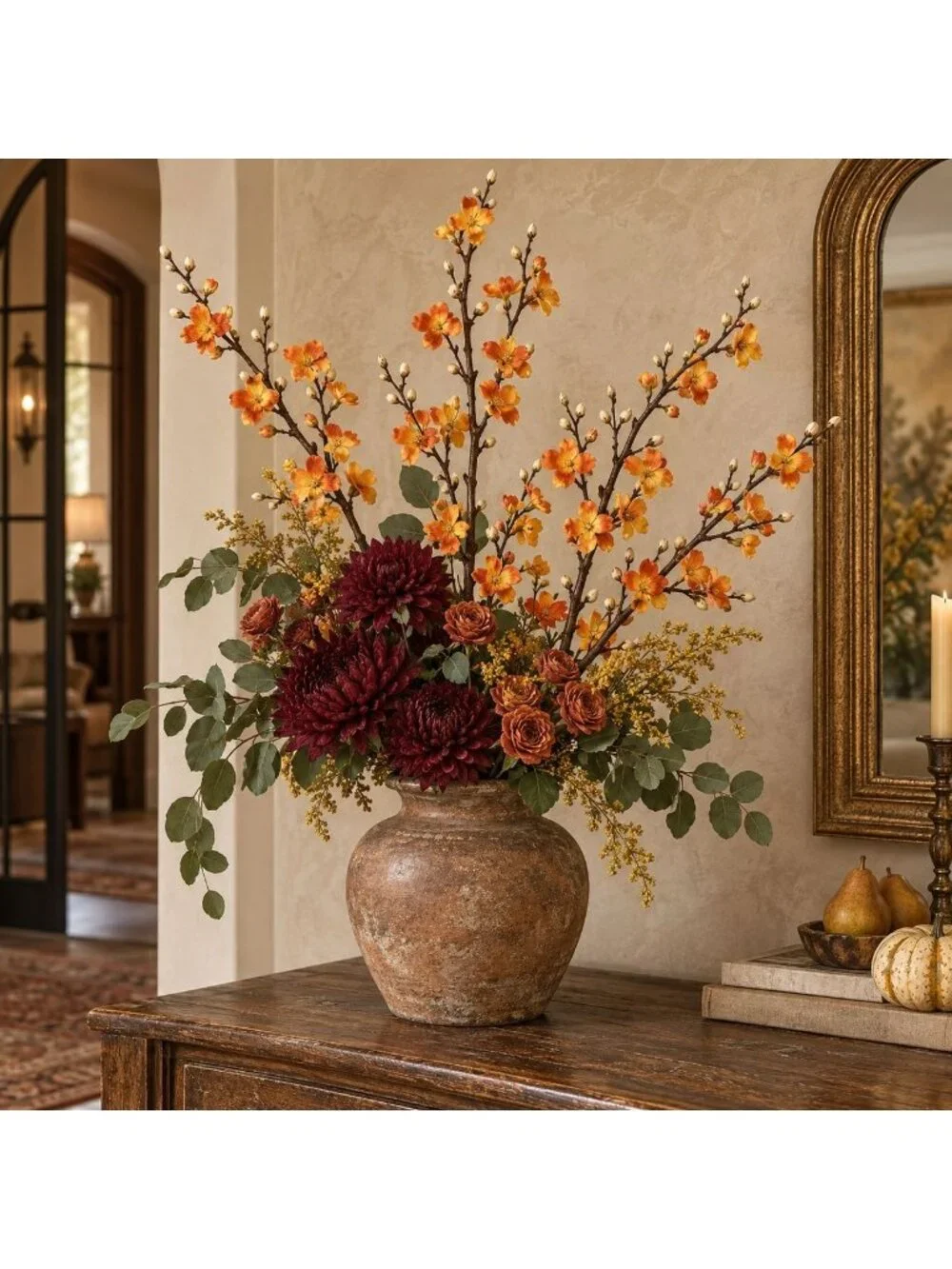 5 Artificial Orange Yellow Blossom Branch Stems 22 Inch Faux Silk Fall Flowers W